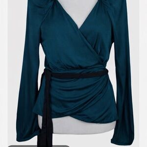 Diane Von Furstenberg DVF Teal “Venmo” Wrap Silk Blouse with Black Belt